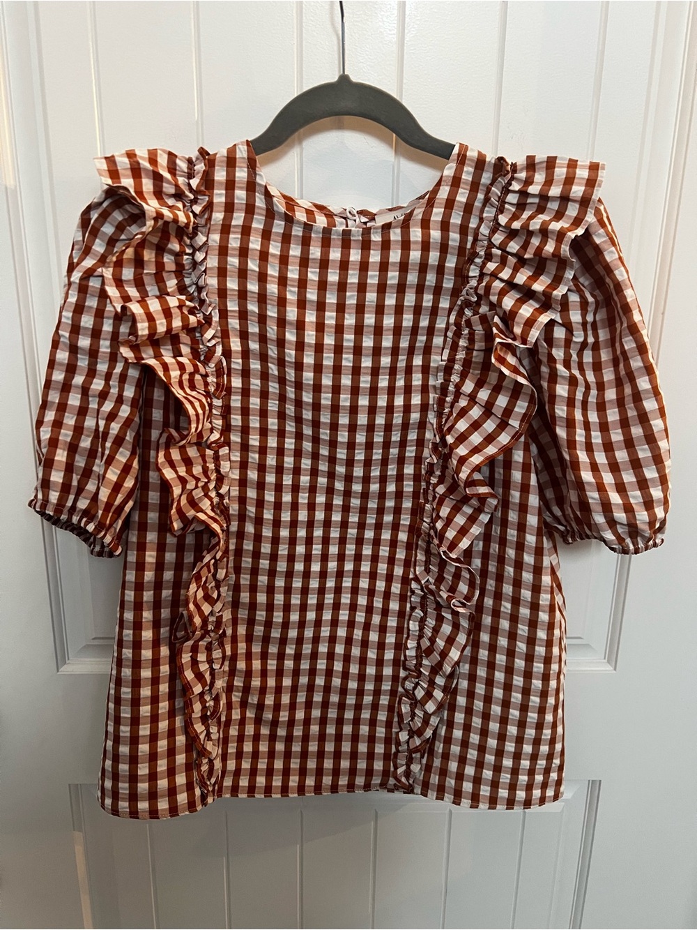 Avara Gingham Ruffle Puff Sleeve Top - Picture 2 of 11